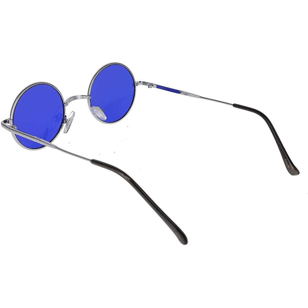 Round Peace Sunglasses: Bright Blue Semi-Mirrored in Silver