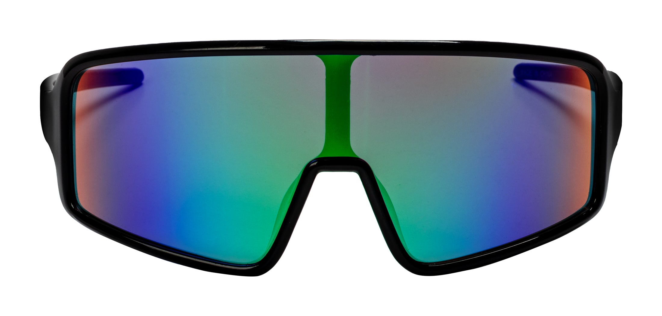 Oversized Shield Wraparound Sports Sunglasses, Black Frame Green/Blue Lens