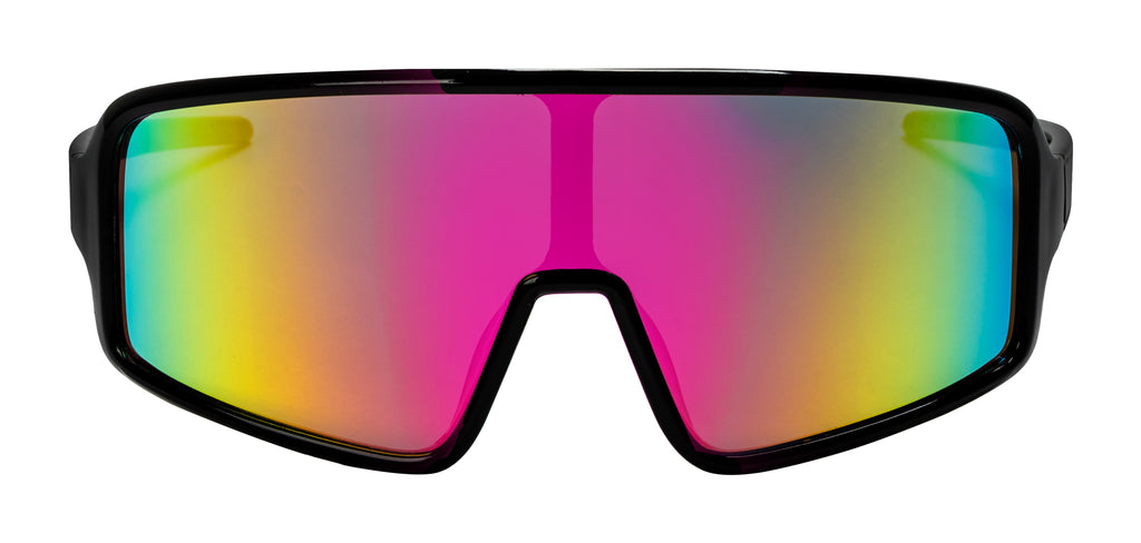 Oversized Shield Wraparound Sports Sunglasses, Black Frame Black Lens