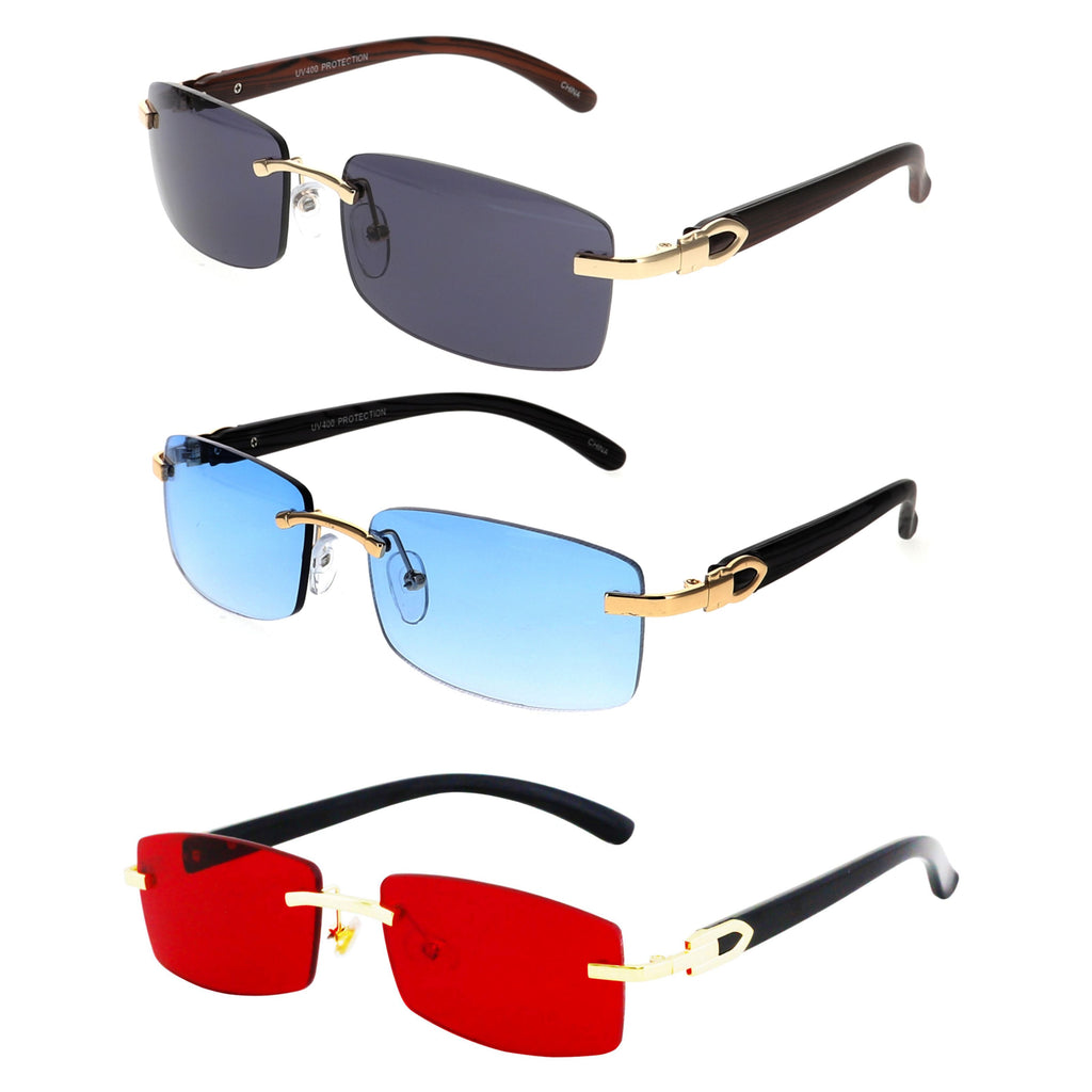 Slim Dean Rimless Sunglasses Rectangular Metal & Wood Art Glasses - Flawless Eyewear